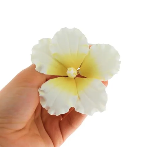 Global Sugar Art Hibiscus Sugar Cake Flowers (White with Yellow, 9 Count) Premium Edible Tropical Cake Decorations h9biw
