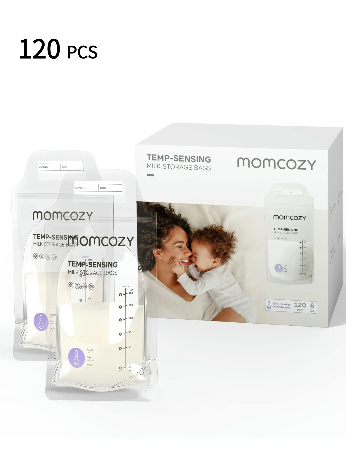 Momcozy Breastmilk Storage Bags with Temperature Sensing Indicator, Leak-Proof Self-Standing Freezer Pouches (180 mL, 50 Pack) 7ihup