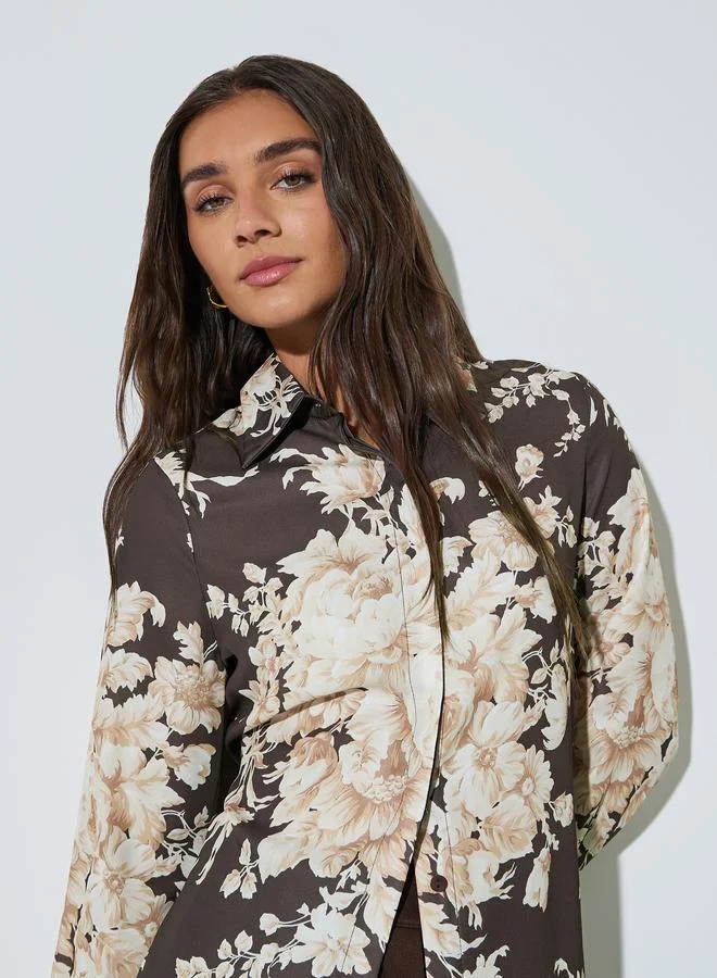 Styli Floral Print Long Sleeve Shirt Premium Casual Button-Down Blouse (Brown, Medium) zu0kc