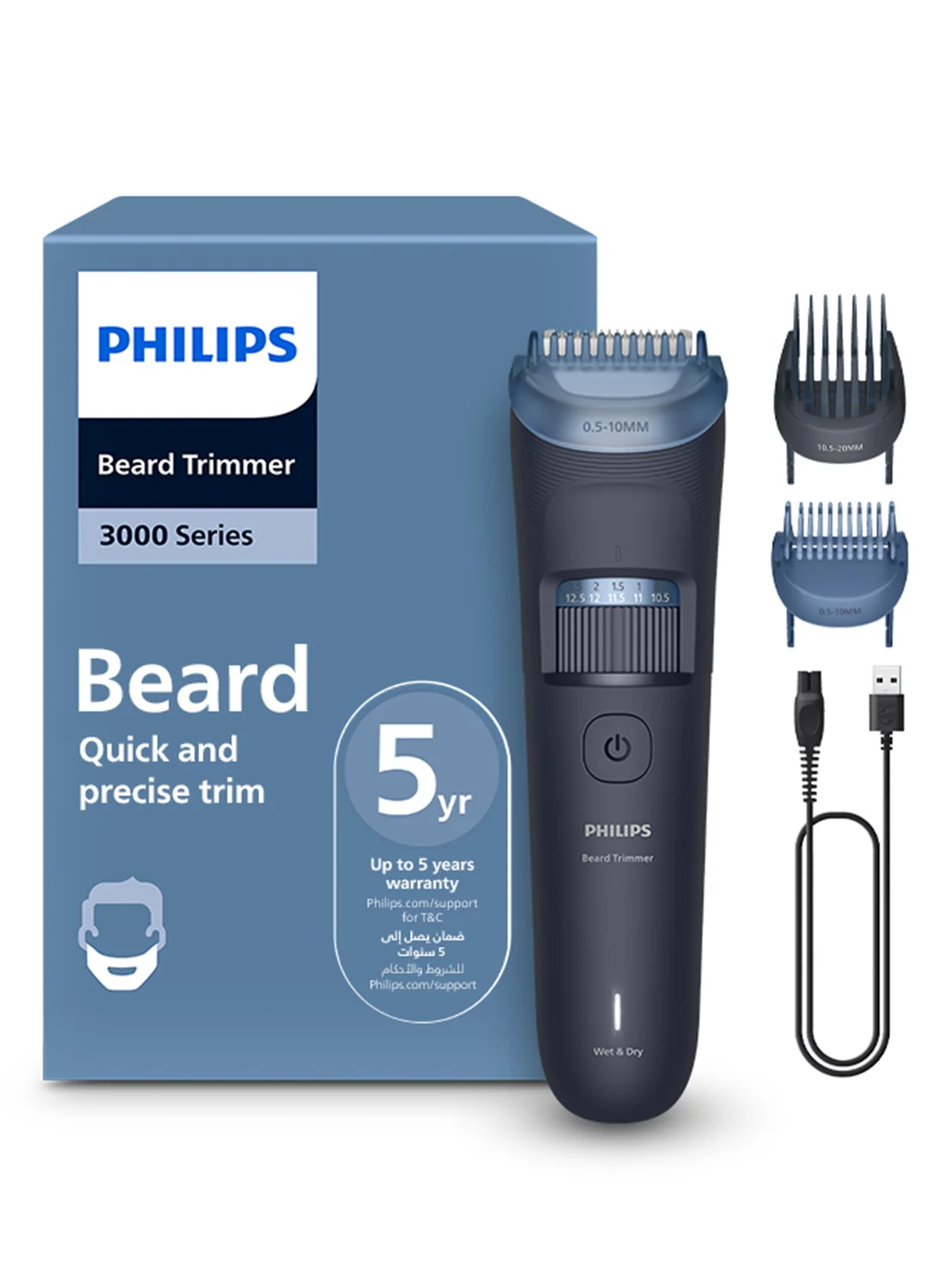 Professional Beard Trimmer with Precision 40 Length Settings (0.5-20 mm) Cordless Grooming Tool for Men (Blue) lpbbm