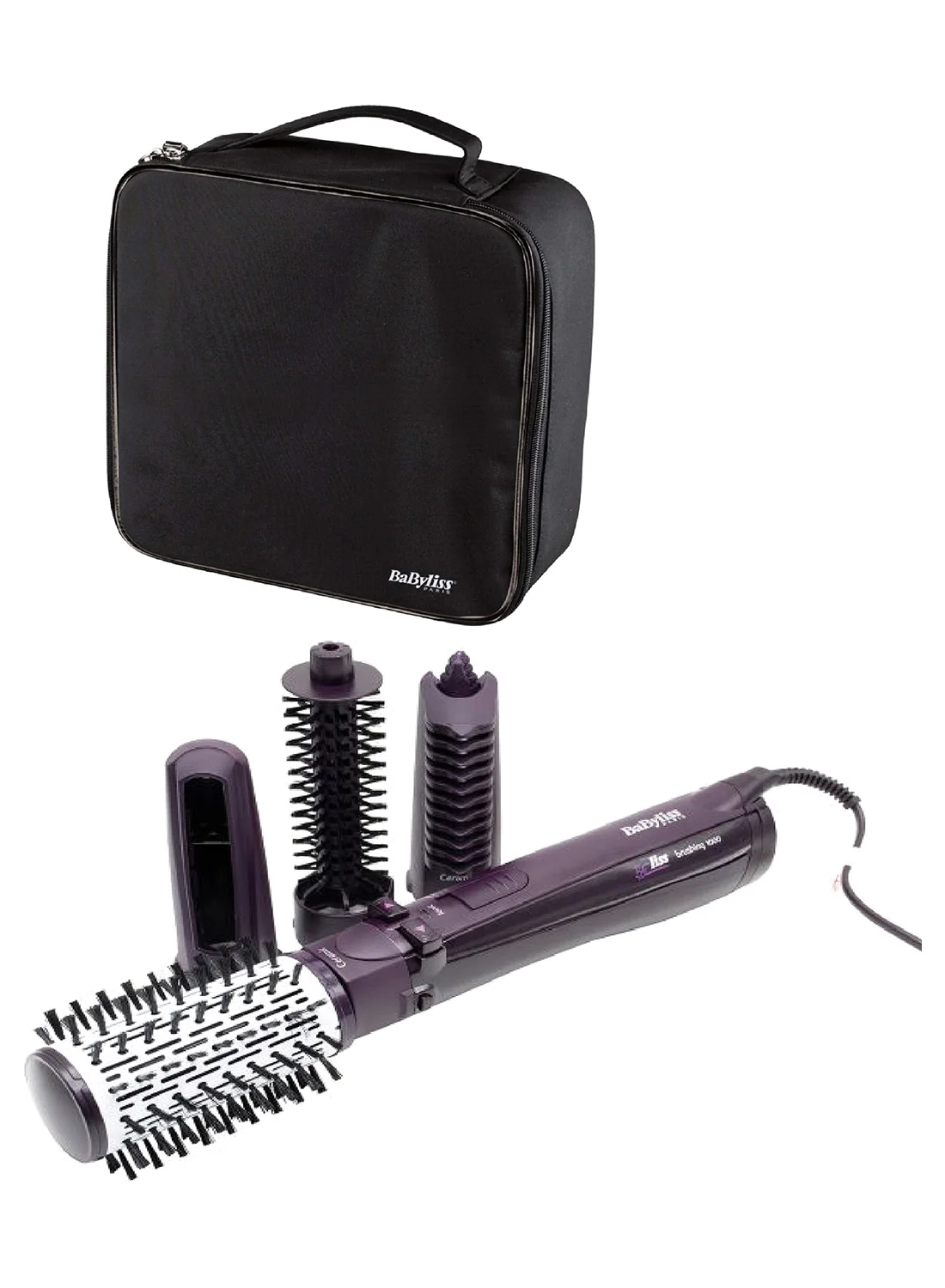 Premium Rotating Hot Air Styler Brush with Interchangeable Attachments and Storage Bag (Black) 8kr6a