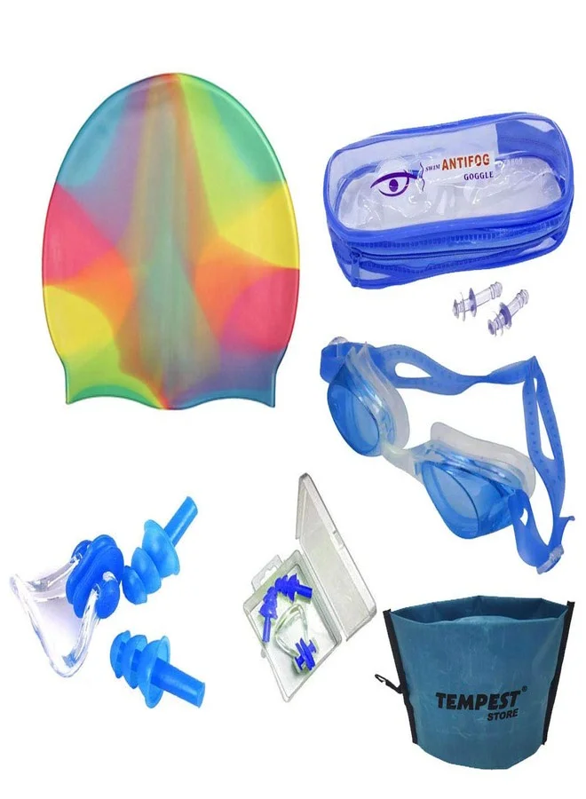 TEMPEST Professional Swimming Kit with Anti-Fog Goggles Silicone Cap Nose Clip Ear Plugs and Storage Bag (Multicolor, One Size) 3qjsj