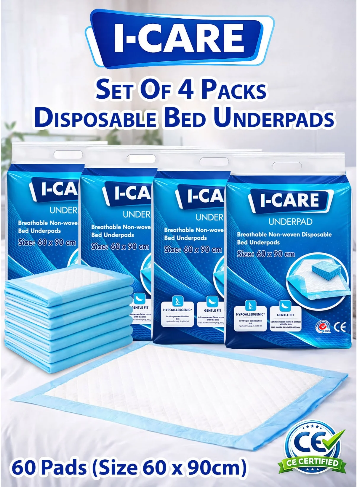 I-CARE Disposable Underpads Leak-Proof Bed Mattress Protector (60x90 cm, 60 Pcs) 3tas0