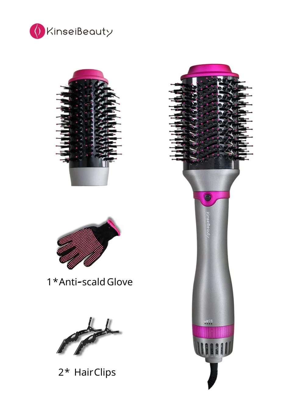 KinseiBeauty 4-in-1 Hot Air Brush Set, Professional Volumizing Hair Dryer Styler with 2 Interchangeable Heads for Drying Straightening and Curling 87m2k