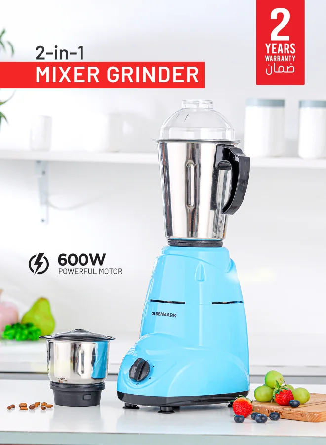 Olsenmark 2-in-1 Indian Mixer Grinder and Juicer with Stainless Steel Jars (Blue, 1.5 L, 600 W) 61218
