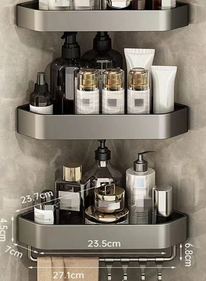 Kutis Bathroom Corner Shower Shelves (3-Piece Set) Wall-Mounted Storage Rack with Hooks (Grey, 27.1 x 23.7 x 4.5 cm) eudt6