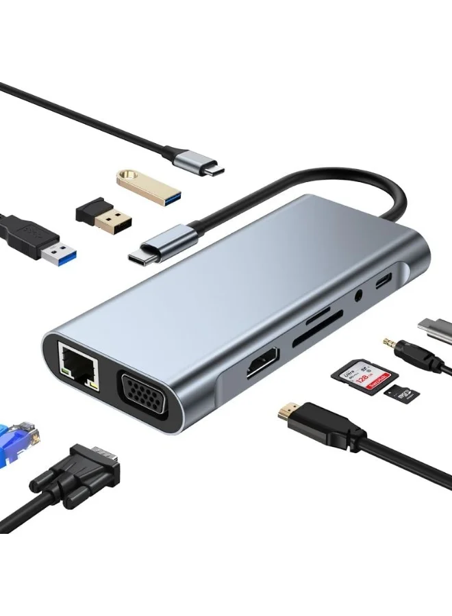 ORIONMAX 11-in-1 USB-C Multiport Docking Station with 4K HDMI VGA PD Charging RJ45 Ethernet SD TF Card Reader for Type-C Laptops 25s5k