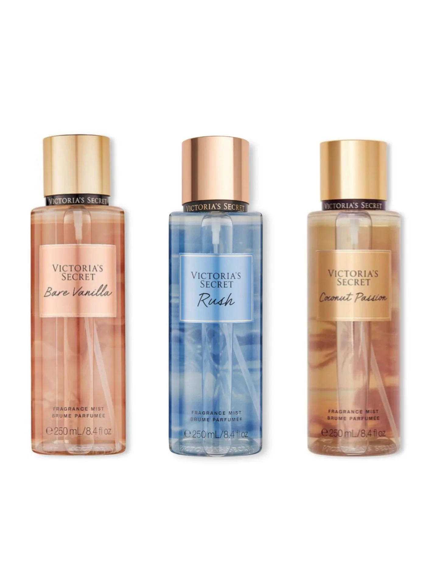 Premium Body Mist Fragrance Collection (Bare Vanilla, Rush, Coconut Passion) Long-Lasting Scent Set (3 x 250 mL) m5ywr