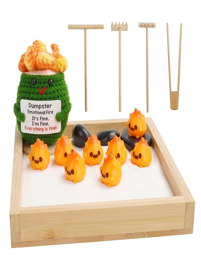 Mlatnod Emotional Support Dumpster Fire Desk Toy Set (Mini Zen Garden Sand Box with Crochet Figure and 8 Flames) 2k3yt