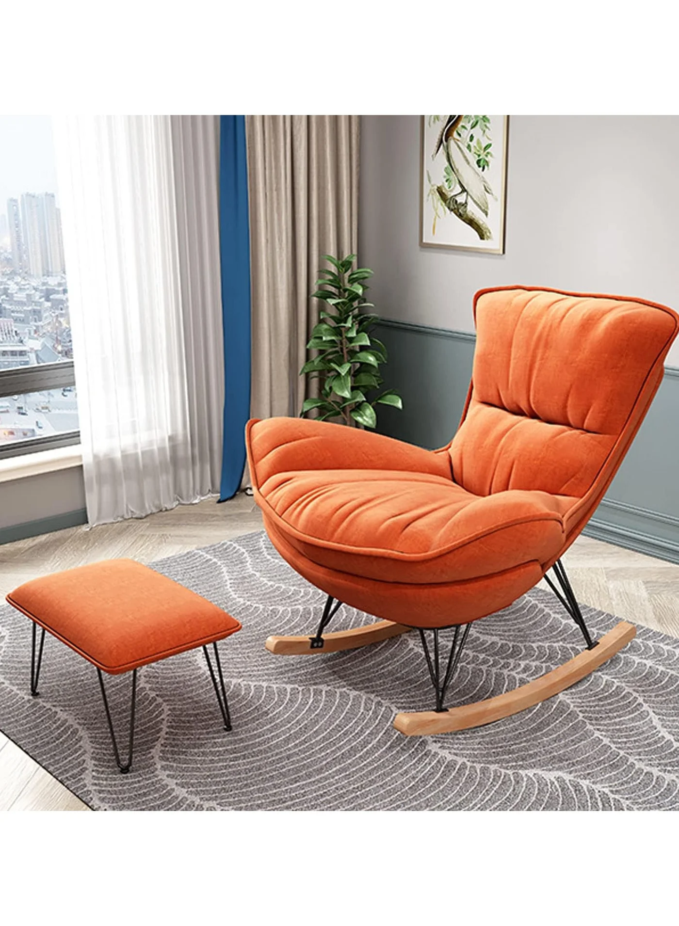 TOMSHOO Modern Rocking Chair with Padded Cushion, Ergonomic Fabric Swing Lounge Chair for Living Room and Patio (Orange) gqpa0