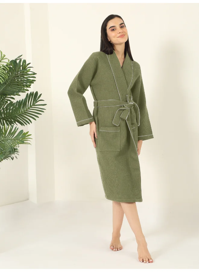 Mulberry Living Waffle Lux Bath Robe Premium Cotton Solid Texture (Green, One Size) ujhn3