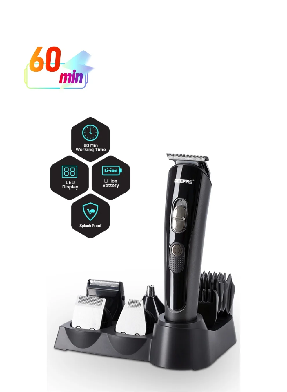 Geepas 11-in-1 Rechargeable Grooming Set Professional Hair and Beard Trimmer with LED Display (Black, 1 Set) oh4jo