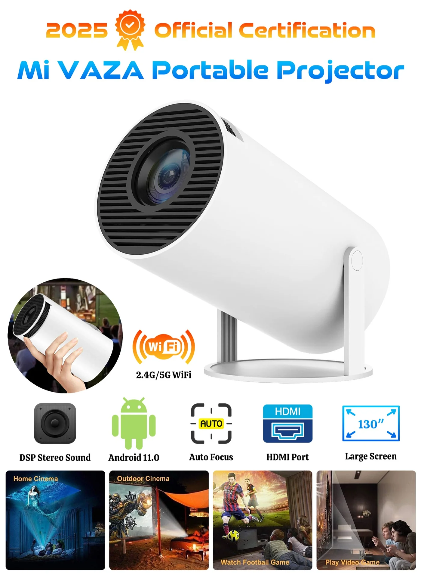 Mi VAZA Portable Smart Projector 5G WiFi Android 11.0 Full HD Home Theater System (130 Inches) 8vp7t
