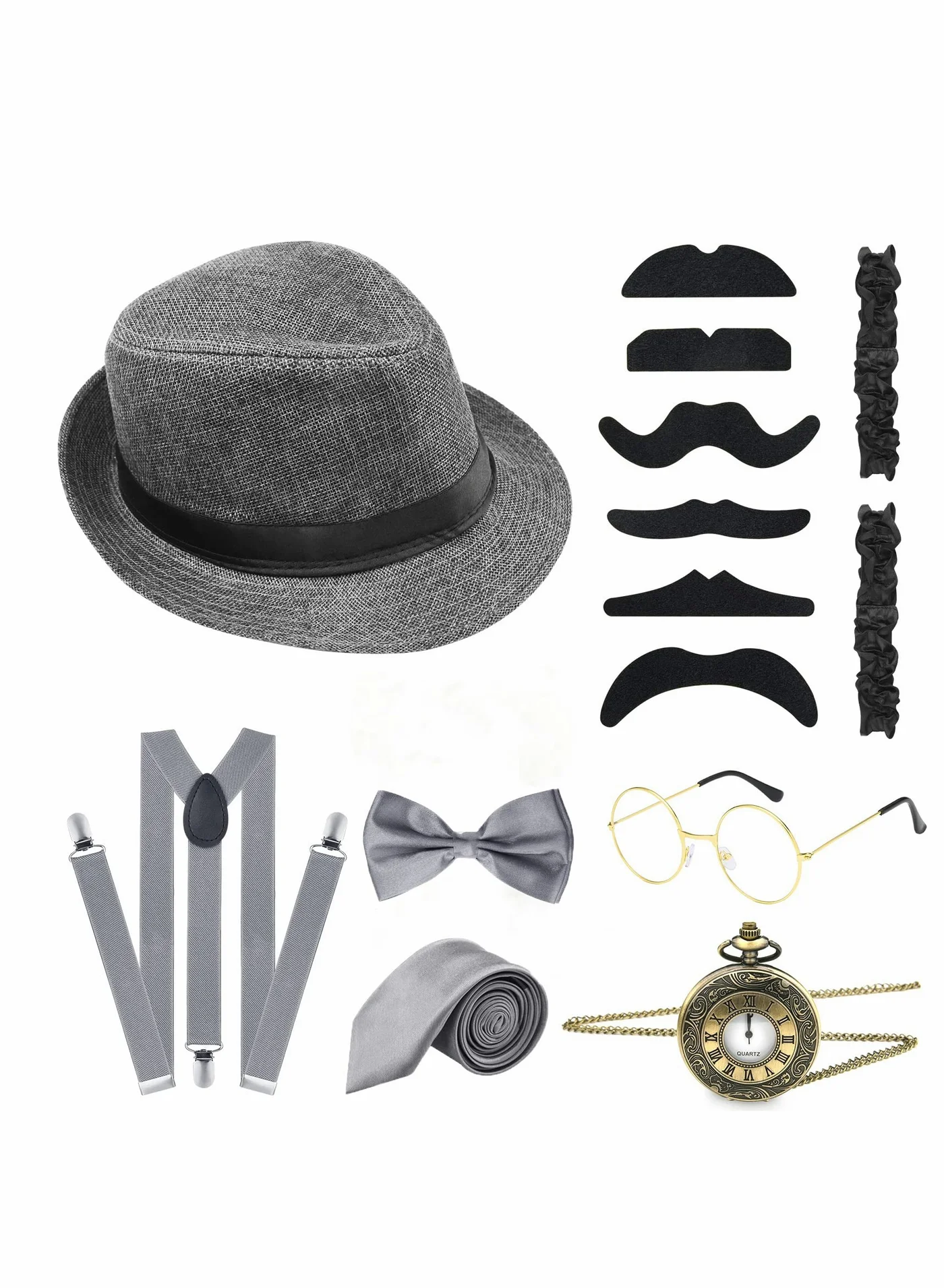 KASTWAVE 1920s Retro Gangster Costume Accessories Set (14-Piece Vintage Style Outfit Kit for Men) 55mr0