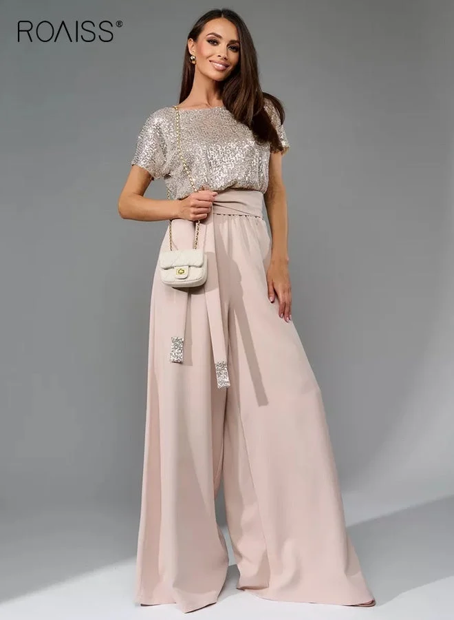 Roaiss Women Stylish Sequin Wide Leg Jumpsuit with Side Pockets (Short Sleeve, Elegant One Piece Outfit for Daily Wear) tetdn