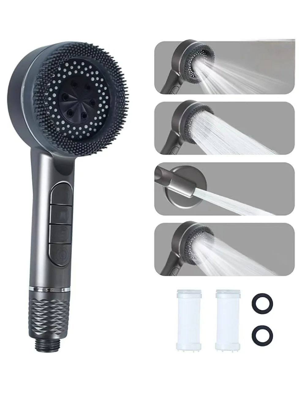 Premium Filtered Handheld Shower Head with Scalp Massager 4-Mode High Pressure Water Saving Sprayer (Grey) 0usu2