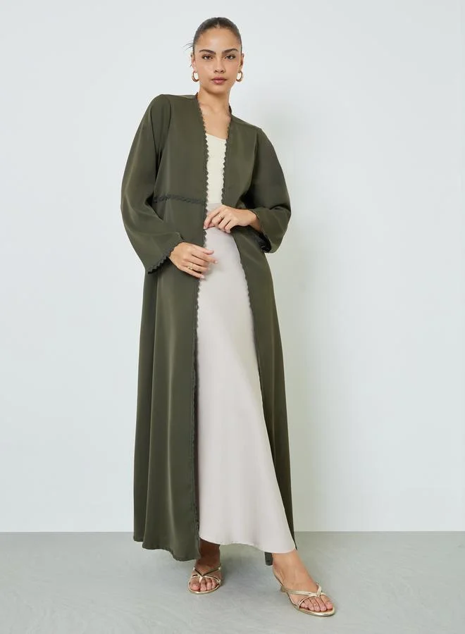 Amirah Olive Front Open Abaya with Delicate Lace Trim Premium Modest Wear for Women sb10d