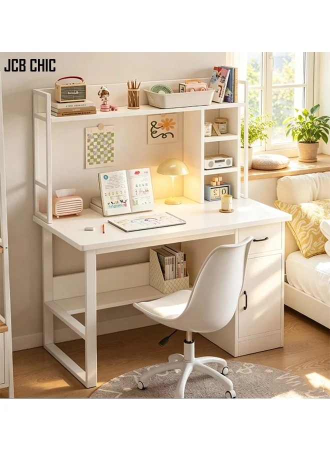 JCB CHIC Modern Computer Desk with Integrated Bookshelf and Open Storage Shelves (White, 100x48x136cm) mutfo