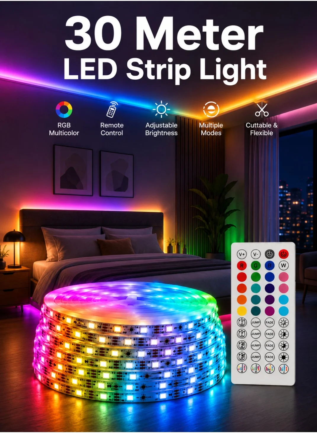 MODI Smart LED Light Strip RGB Color Changing with Bluetooth App Control and Remote (30m) ub4ac