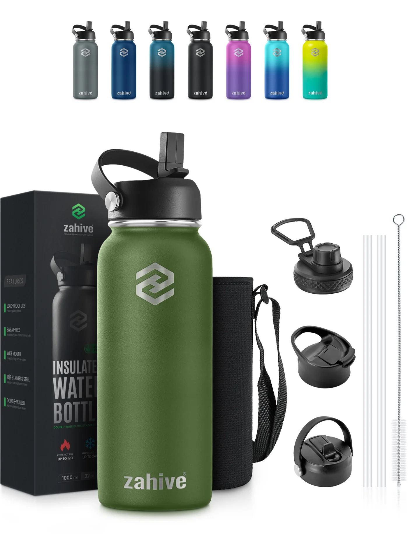 Zahive Insulated Stainless Steel Water Bottle with Straw (Army Green, 1000 mL) Double Wall Thermos for Hot and Cold Drinks with 3 Lids and Carrying Bag 2wmw9