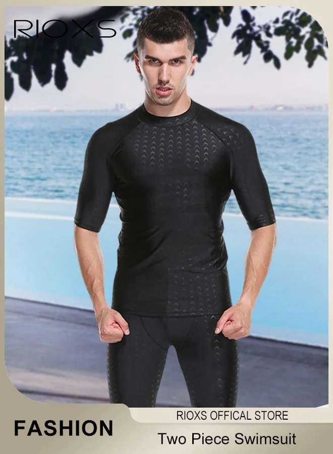 RIOXS Men's Two Piece Swimsuit Set Premium Quick-Dry Short Sleeve Top And Trunks For Beach Swimming And Surfing (Black, Large) cy4oi