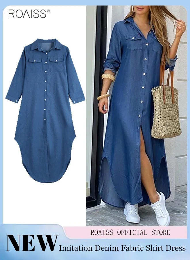 Roaiss Women's Casual Denim Shirt Dress Loose Fit Button-Down Long Dress with Pockets (Blue, Medium) 6oyi9