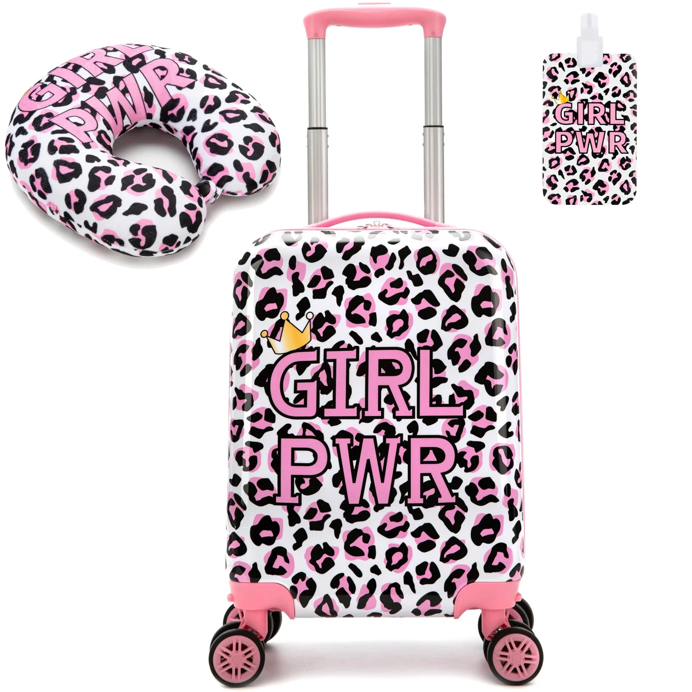 Esteemly Kids Hardside Luggage Set 2-Piece Rolling Suitcase with Spinner Wheels and Neck Pillow (16 Inch, Pink) q5uun