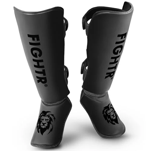 FIGHTR Premium Shin Guards Thick Padded Protective Gear for Kickboxing MMA Muay Thai and Martial Arts (Black, Adult) 1s3a2