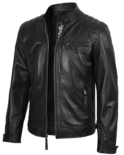 Premium Lambskin Leather Biker Jacket Quilted Cafe Racer Moto Style For Men (Black, S) 4ckax