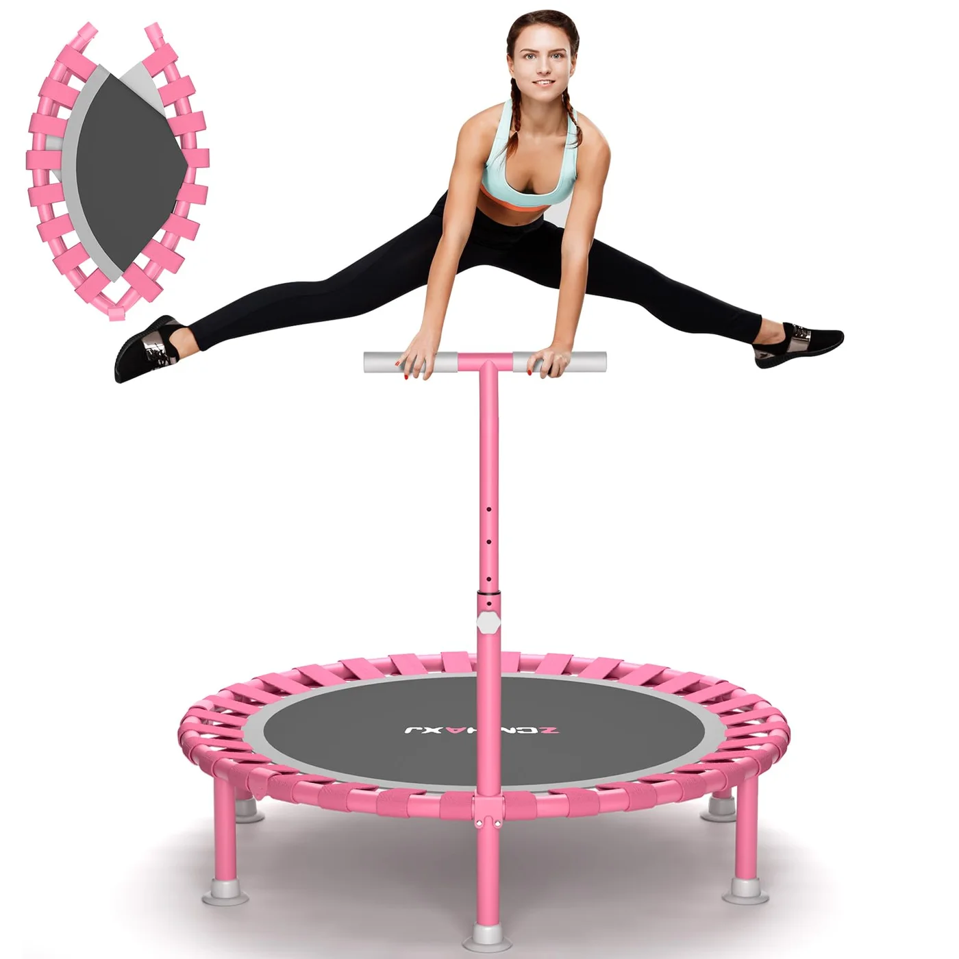 Premium Foldable Mini Trampoline Rebounder with Adjustable T-Bar for Indoor Fitness Workout (40-inch, 204kg Capacity) 82usy