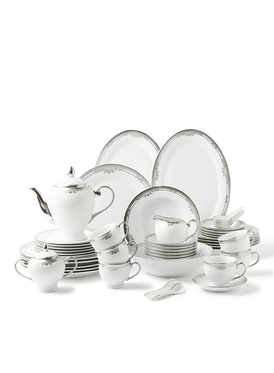 Noon East 56-Piece Porcelain Dinnerware Set Elegant Festive Design (White/Silver, 56-Piece) rg6tr