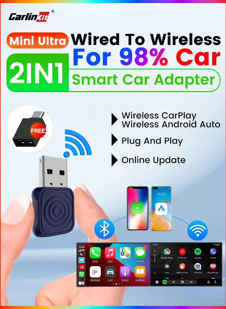 Wireless Car Adapter for Android Auto and CarPlay 2-in-1 Smart Dongle (Universal Compatibility, Compact Design) abgxp