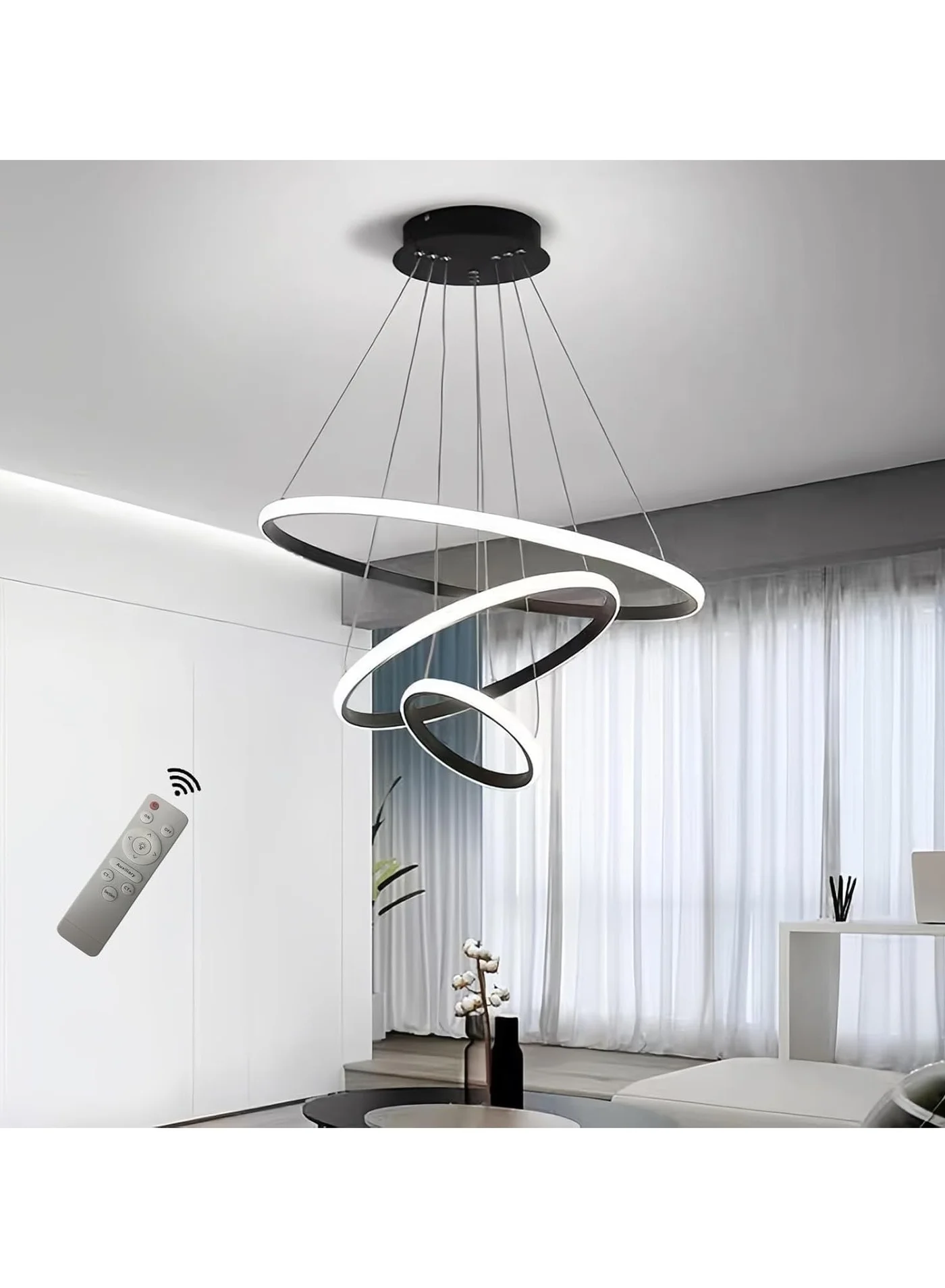 RATSAW Modern LED Chandelier 3-Ring Dimmable Pendant Light with Remote Control (Black, Adjustable Height) ybsh0