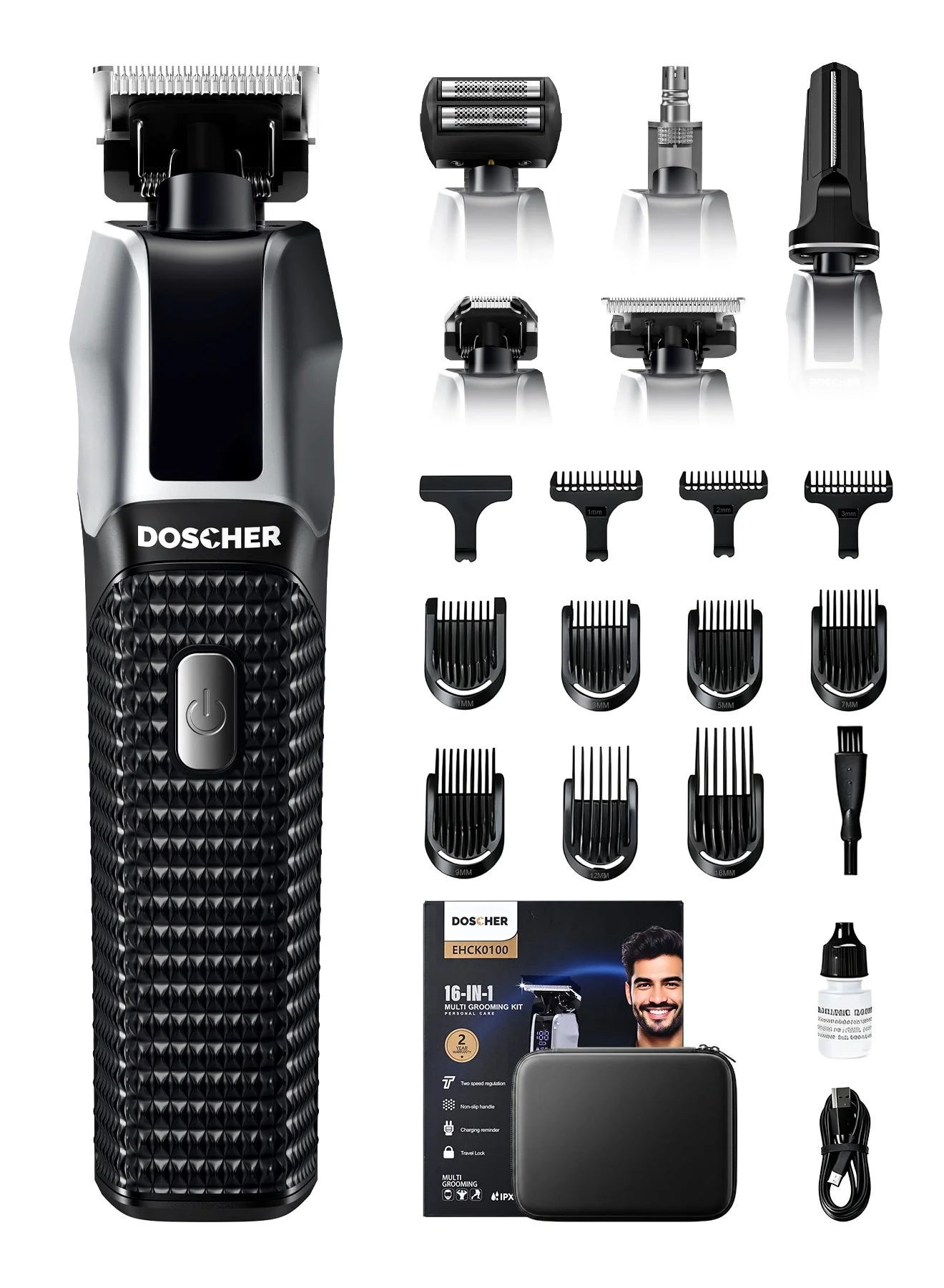 DOSCHER 16-in-1 Beard Trimmer and Hair Clipper Set, Professional Grooming Kit with LED Display for Face and Body (1 Set) 0plhp
