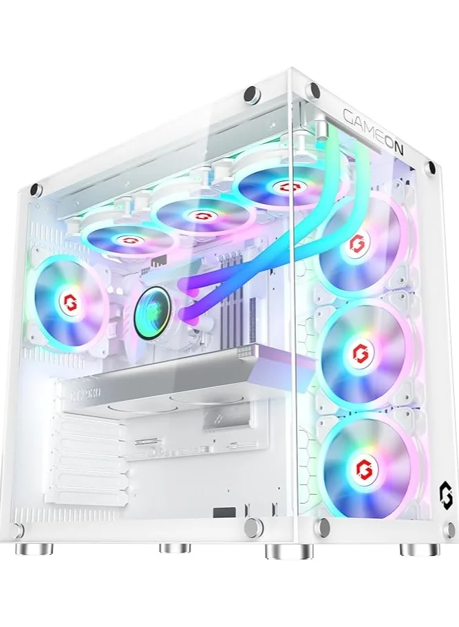 GAMEON Emperor Arctic II Mid Tower PC Gaming Case with Tempered Glass and 7 Pre-installed ARGB Fans (White) gluka