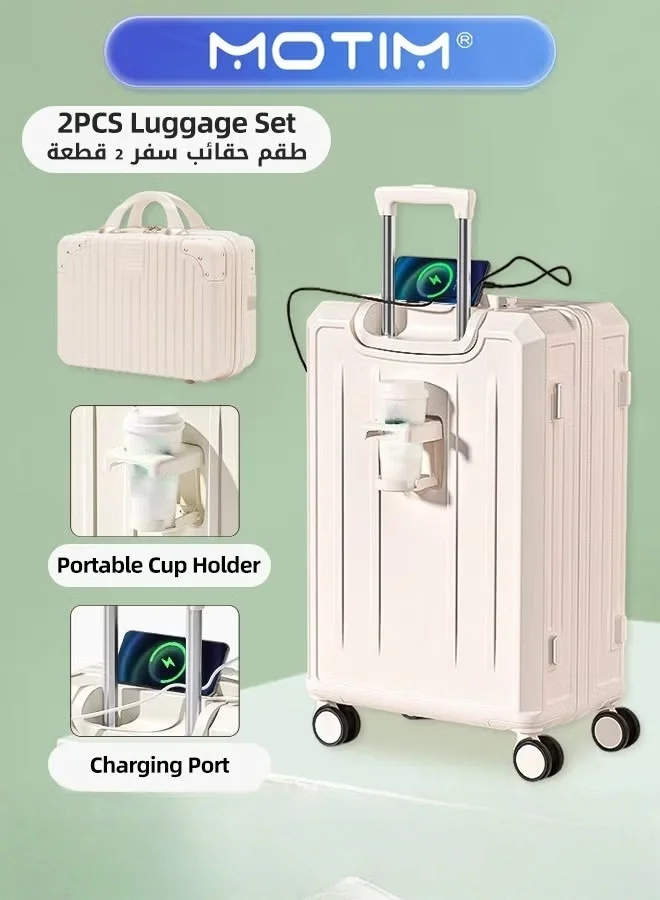 Motim 2pcs Multifunctional Travel Luggage Set with USB Charging Port & Cup Holder & Spinner Wheels (Large Capacity, 2-Piece Set) sec90