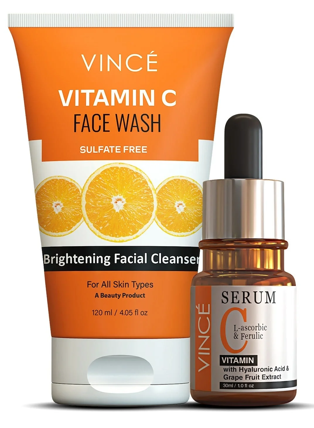 Vince Vitamin C Skincare Set (Serum 30mL, Face Wash 120mL) Brightening Facial Cleansing and Radiance Boosting Duo for All Skin Types q5qr1