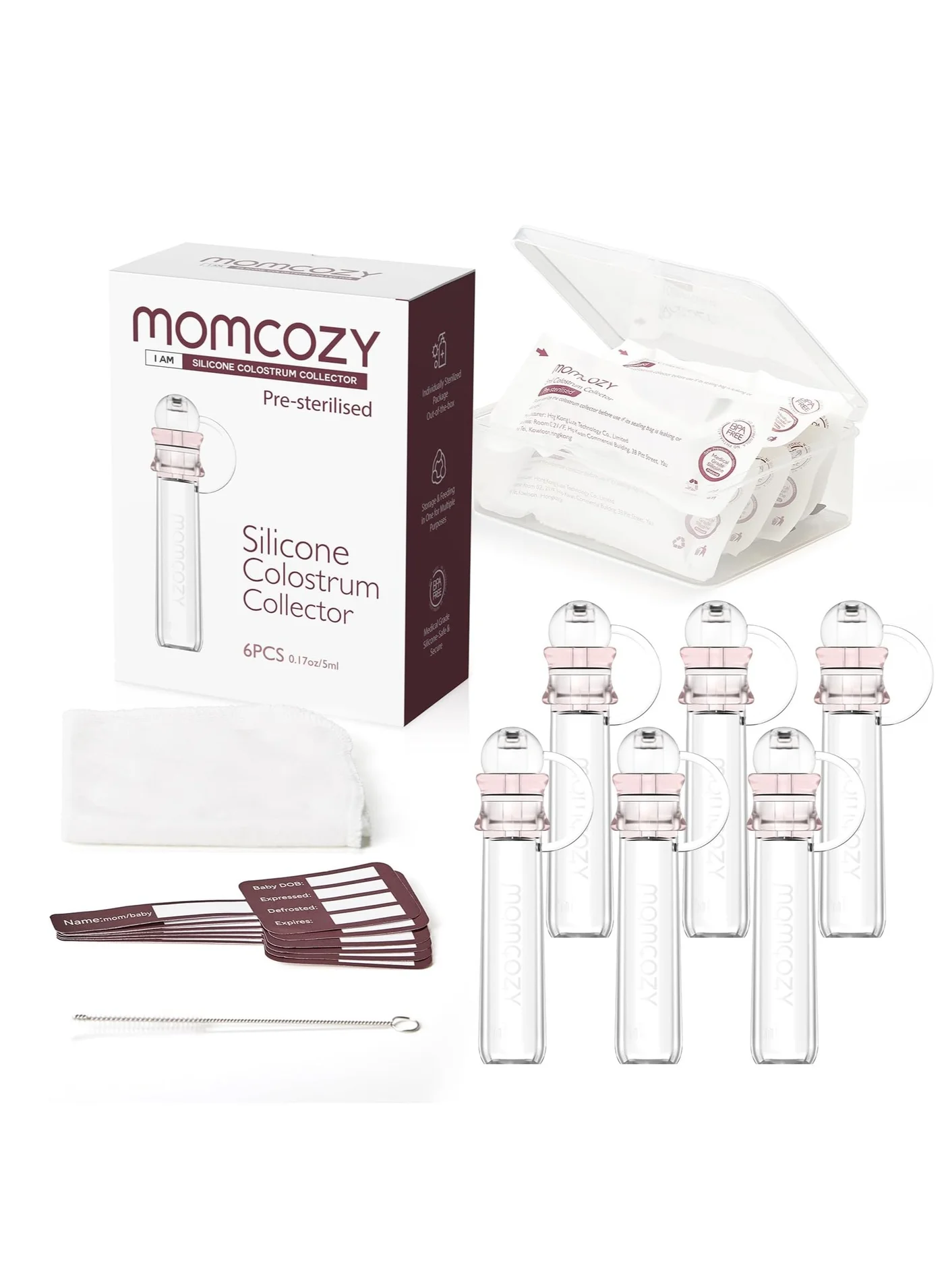 Momcozy Colostrum Collector Set Reusable Breast Milk Storage Container with Case and Cotton Wipes (Pack of 6) ic68c
