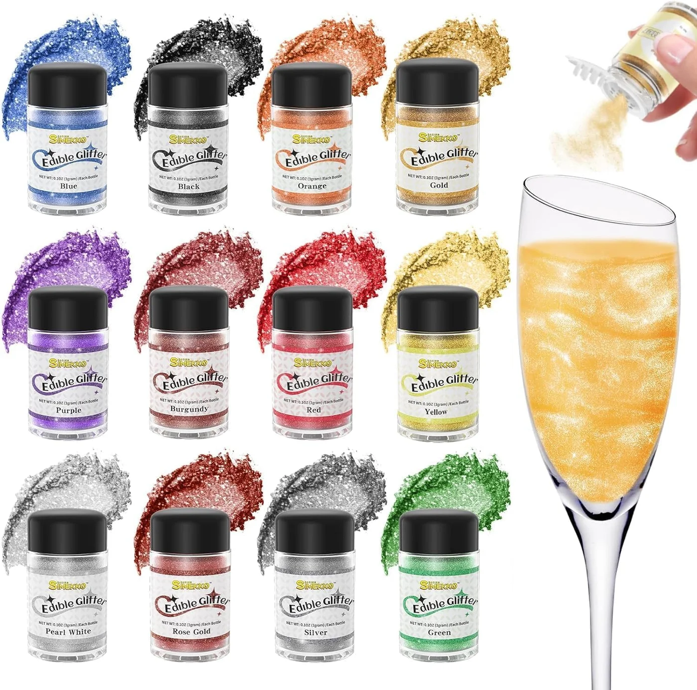 SIMEKKO Edible Glitter Dust Set for Cakes and Desserts (12 Vibrant Colors, 12 Pack) cd5d3