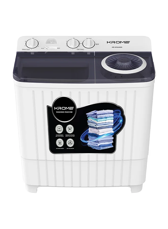 Krome Twin Tub Semi-Automatic Washing Machine with Durable Aluminium Motor and Mechanical Timer (White, 8 kg) 50mzz
