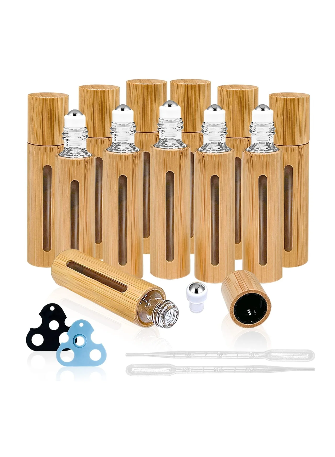 KASTWAVE Essential Oil Roller Bottles (12 Pack, 10 mL) Bamboo Refillable Perfume Containers with Stainless Steel Rollers and Accessories 8n7q4