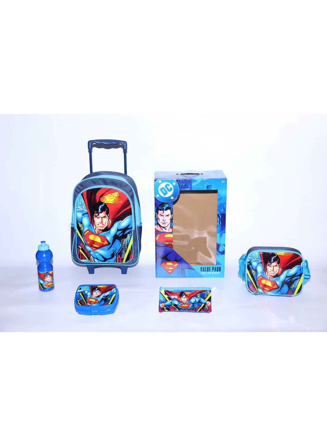 Warner Bros. Superman 5-in-1 School Trolley Bag Set with Lunch Box and Pencil Case (16-inch) lgek8