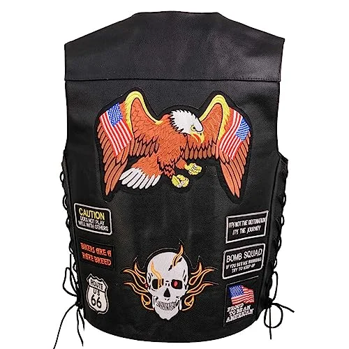 Premium Genuine Leather Biker Vest with 23 Patches and 6 Pockets for Men (Medium) 291pt
