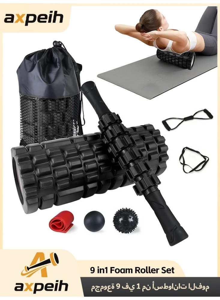 Axpeih 9-in-1 Foam Roller Set for Deep Muscle Massage and Yoga (Black, 1 Set) 7d5vv