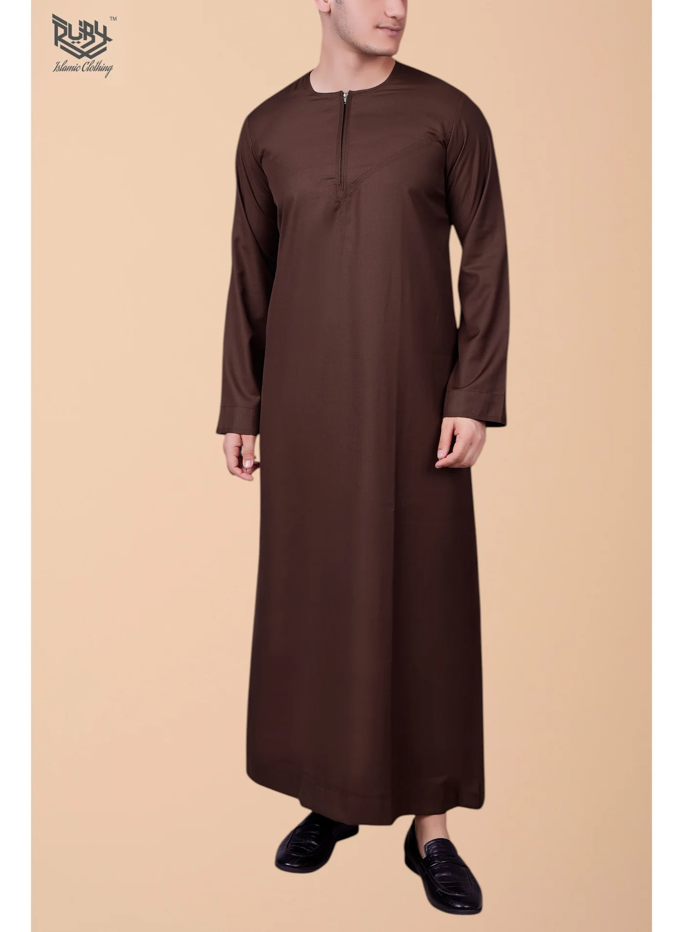 RUBY ISLAMIC CLOTHING Essential Brown Thobe for Men (Emirati Style, Poly Viscose, Front Zip) hcnf6