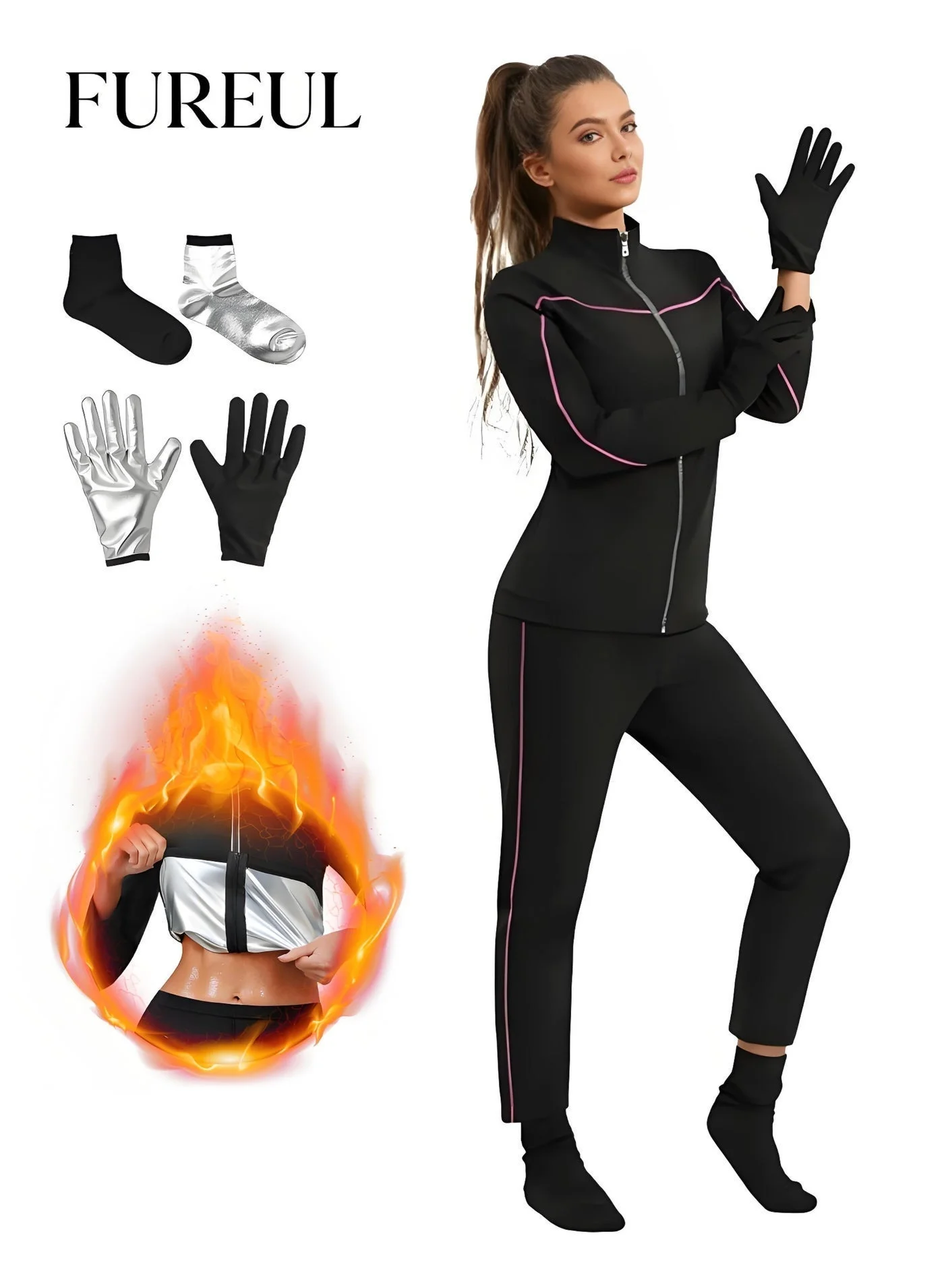 FUREUL Women's Sauna Suit Compression Fitness Set Quick-Drying Sweat-Wicking Sportswear with Zipper (Top, Pants, Gloves, Shoe Covers) 3j5cg