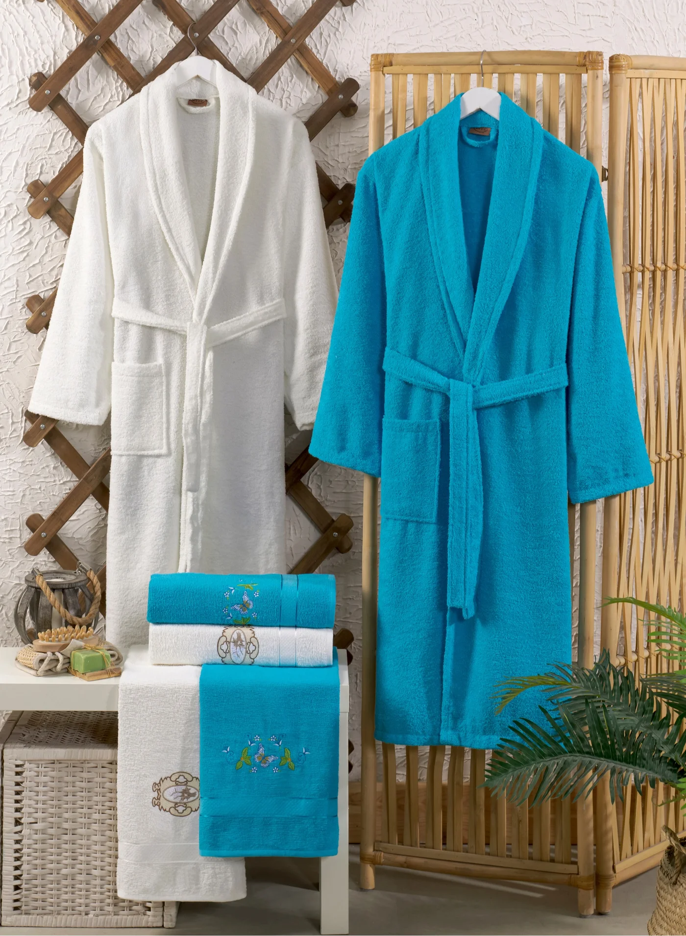 My VITA 6-Piece Turkish Terry Cotton Bathrobe and Towel Set Premium Absorbent Bath Linens (Sky Blue/Off White, 6-Piece Set) qu1ez