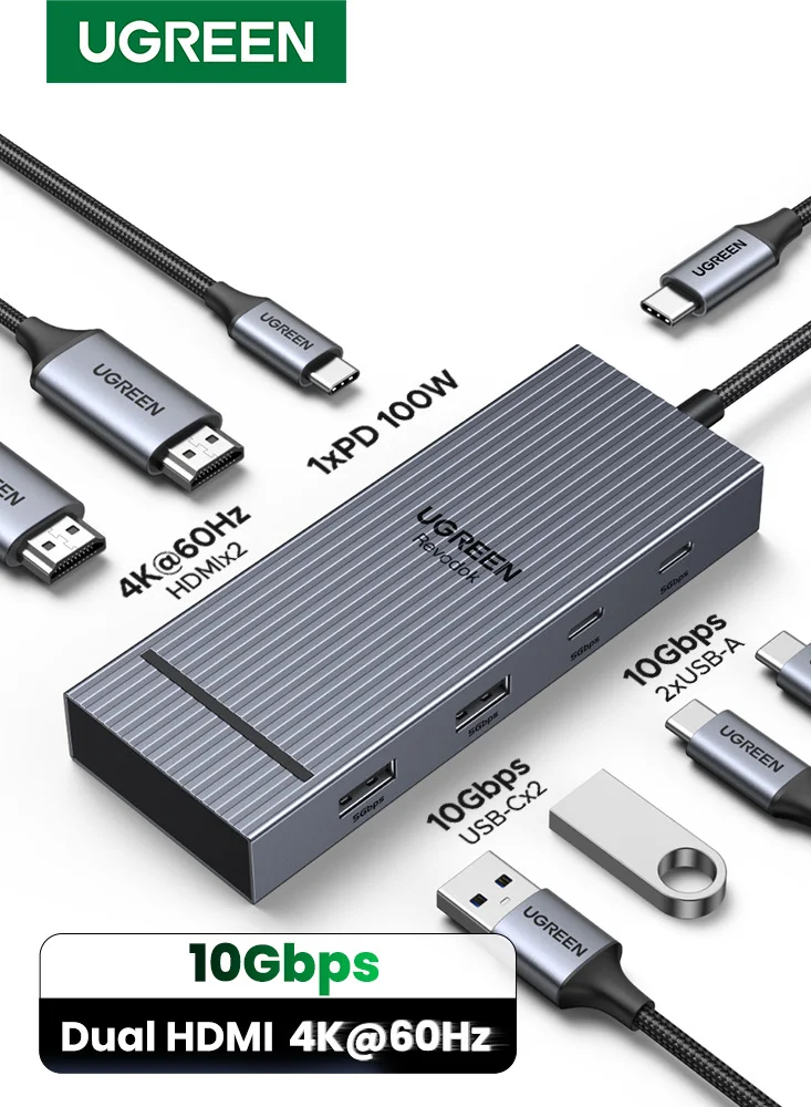 Premium 7-in-1 USB-C Docking Station Dual HDMI 4K 60Hz Adapter with 100W Power Delivery and 10Gbps Data Transfer (Grey, 1 Unit) x60kg