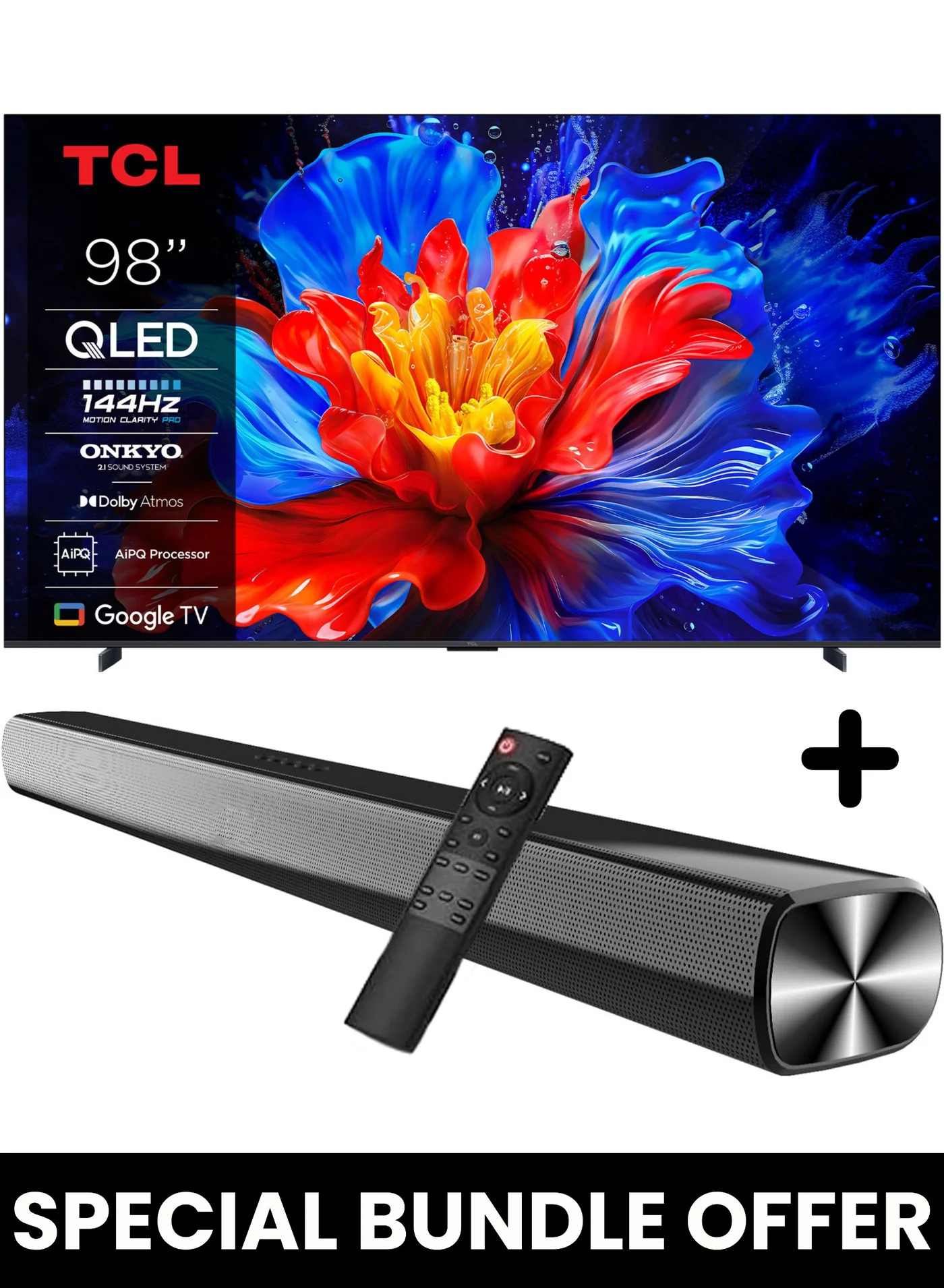 Premium 98-Inch QLED 4K Smart TV and 2.0 Channel Soundbar System (Black, 98-Inch) 3edy3