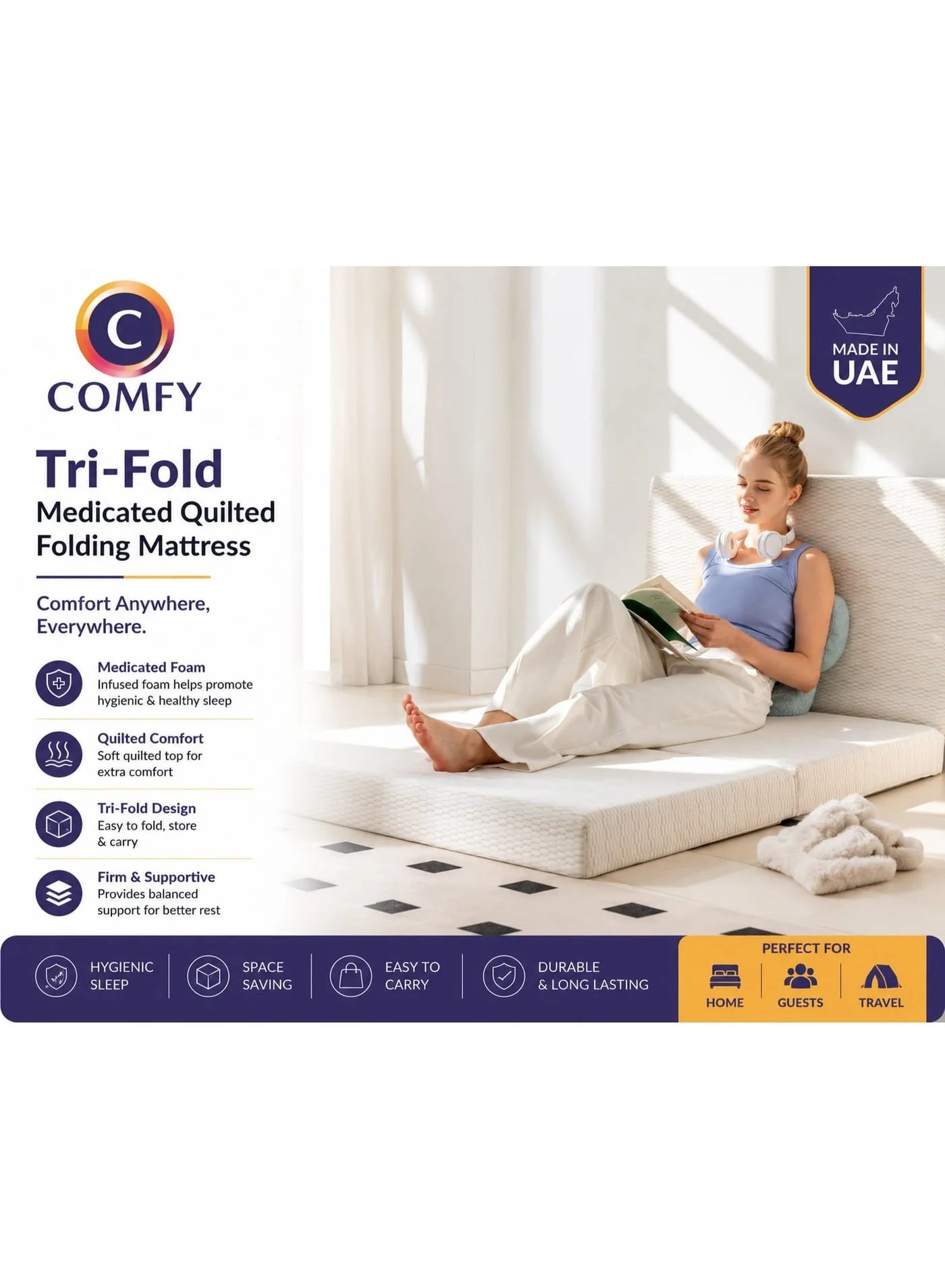 Premium Folding Mattress for Guest Bedding and Floor Sleeping (White, 180 x 90 x 7 cm) uac9v